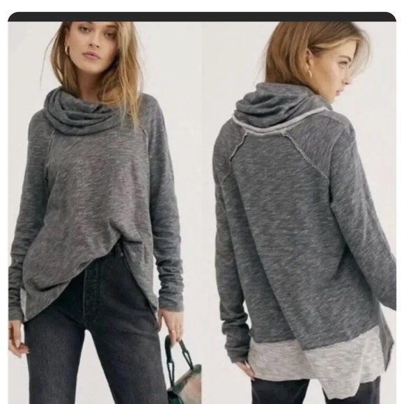 FREE PEOPLE Beach Cocoon Cowl Neck Pullover Cotton Sweater Grey - Picture 3 of 9